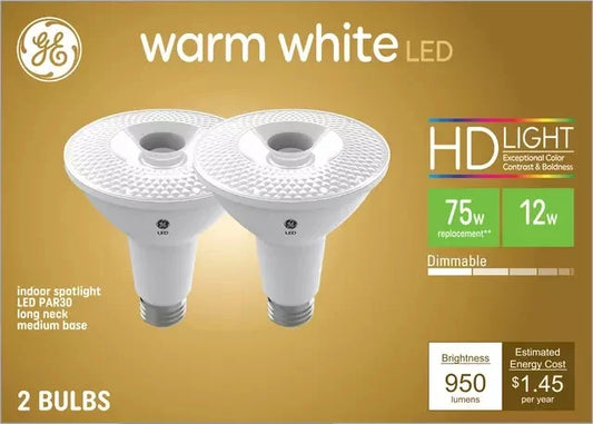 (2 bulbs) GE 48445 LED PAR30 long neck, Indoor Spotlight, warm white HD, 75 watt equivalent, Dimmable, 950 lumens, uses only 12 watts, LED Spotlight Light Bulb