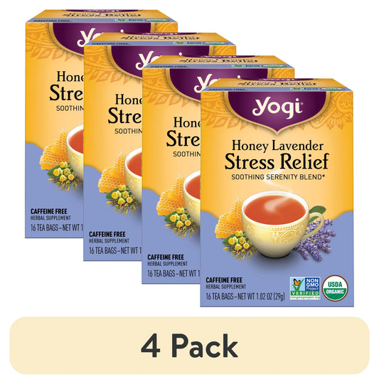 (4 pack) Yogi Tea Honey Lavender Stress Relief, Organic Herbal Tea Bags, 16 Count
